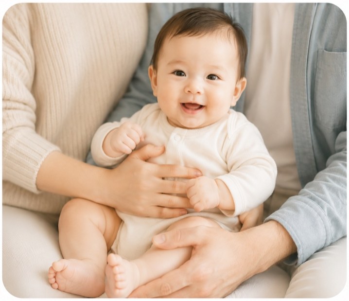 Smiling baby sitting on parent's lap looking up with bright eyes — joy in everyday parenting