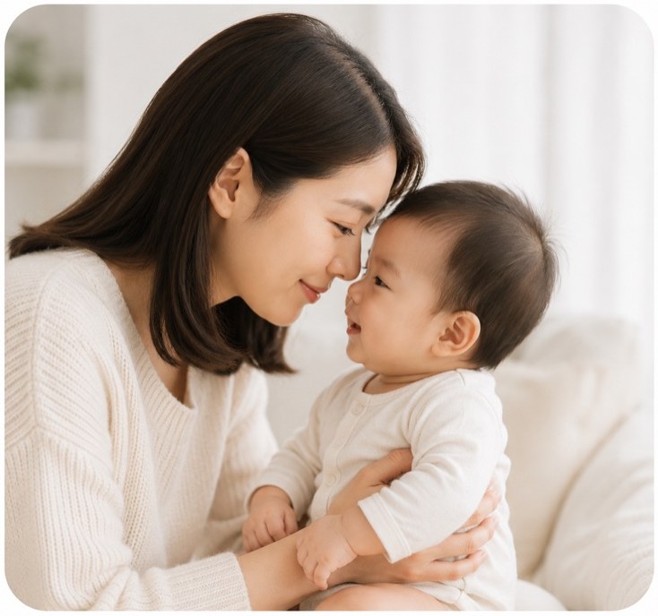 Asian mother pressing her forehead against her baby's forehead in a tender moment