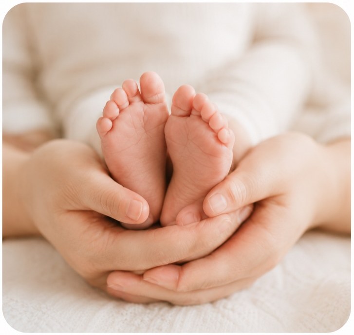 Tiny baby feet cupped in adult hands on a soft white blanket — the small wonders of new life