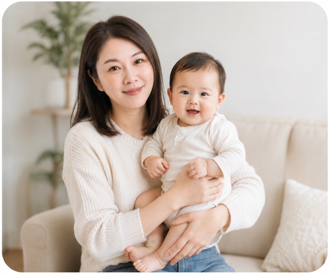 Vega Lin smiling and holding her baby on a cream sofa in a bright, plant-filled living room