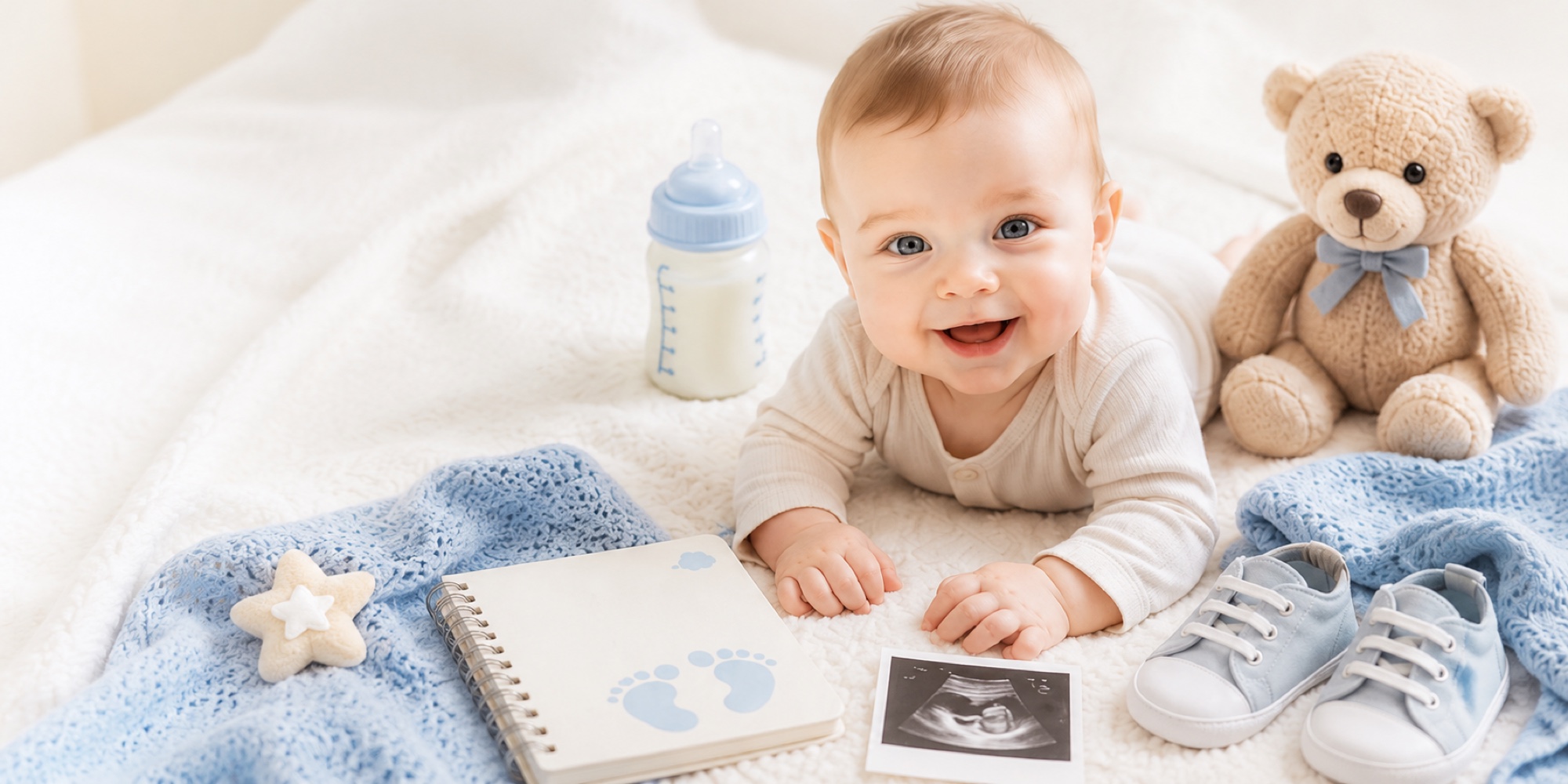 Smiling baby on a soft blanket surrounded by a baby milestones journal, ultrasound photo, bottle, blue knit blanket, and a teddy bear