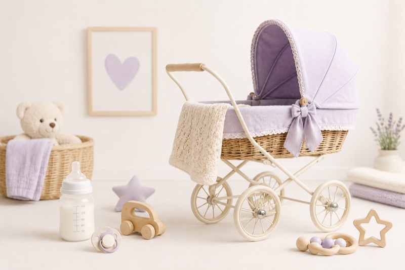 Lavender vintage bassinet stroller surrounded by baby gear — bottle, wooden toys, and a small teddy in a basket